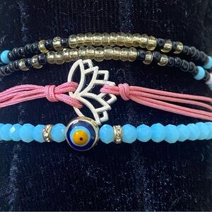Set of 3 Beaded/String Bracelets with Tassels Evil Eye & Lotus